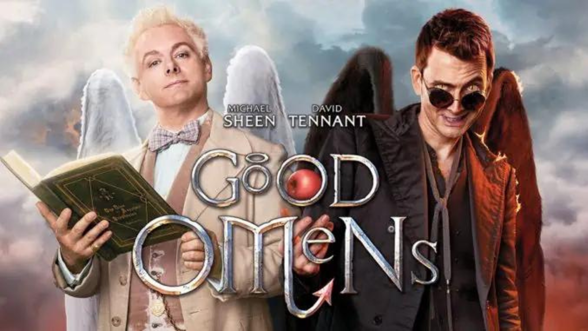 Copertina Serie tv Good Omens due protagonisti angelo e demone su sfondo cielo